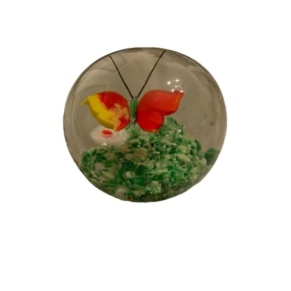 Glass Globe Paperweight Red Yellow Butterfly Grass 1.8